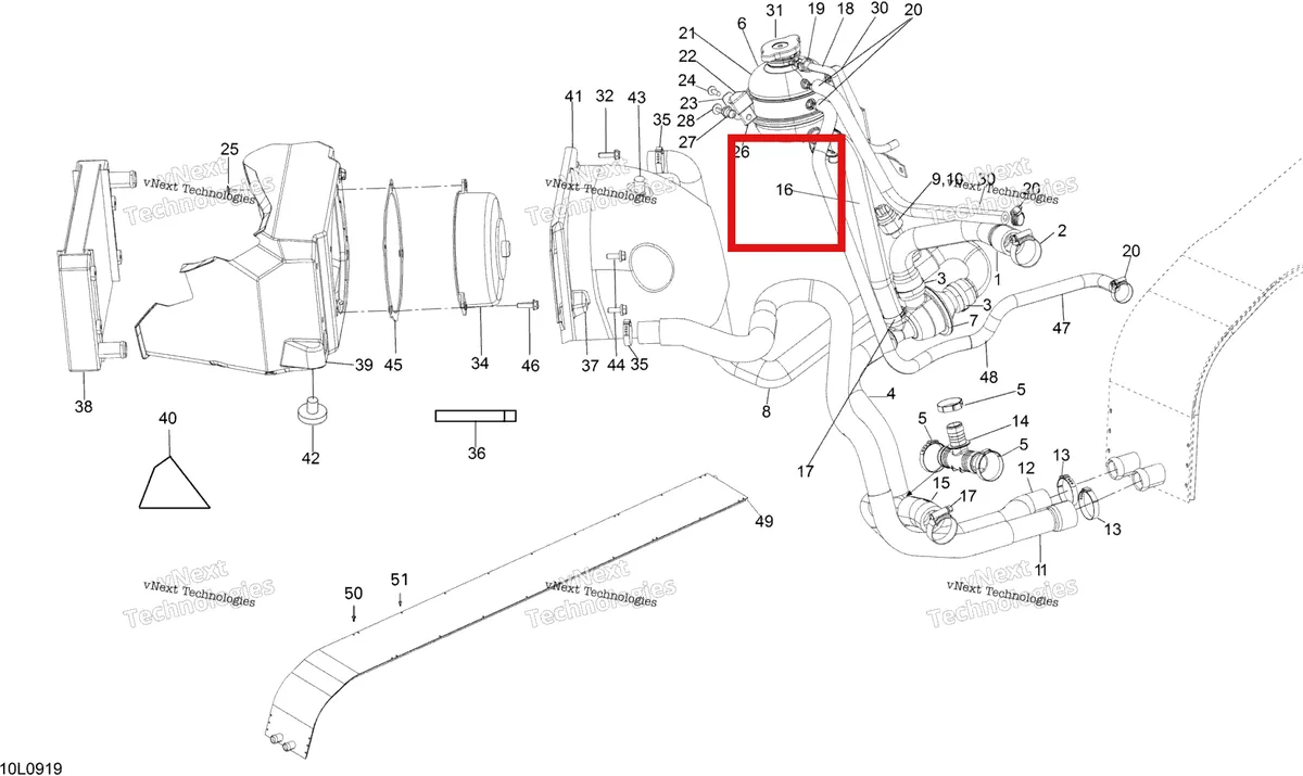 Деталь 509000597 (Заливной Шланг) на схеме узла 2009 Ski-Doo Expedition TUV 600 H.O. SDI REV-XU Cooling System
