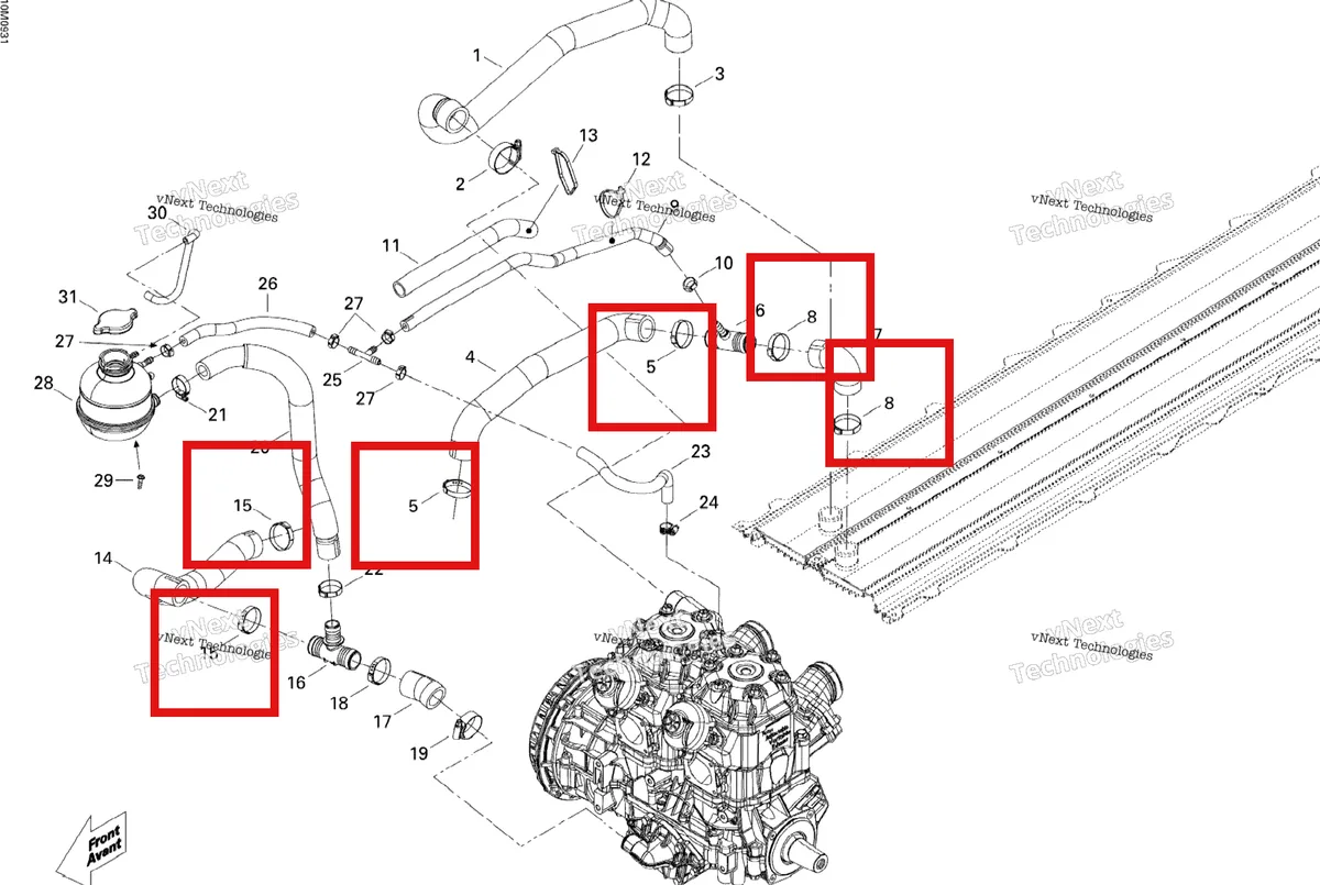 Деталь 509000606 (Хомут Шестерни) на схеме узла 2009 Ski-Doo MX Z X 600RS Cooling System