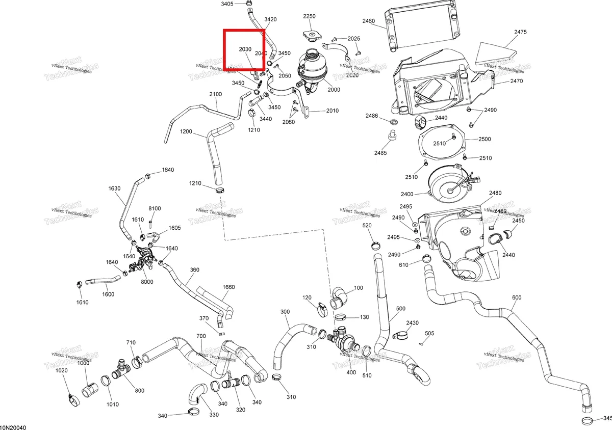Деталь 509000609 (Суппорт) на схеме узла 2020 Ski-Doo SKANDIC WT 600HO E-TEC Cooling - System
