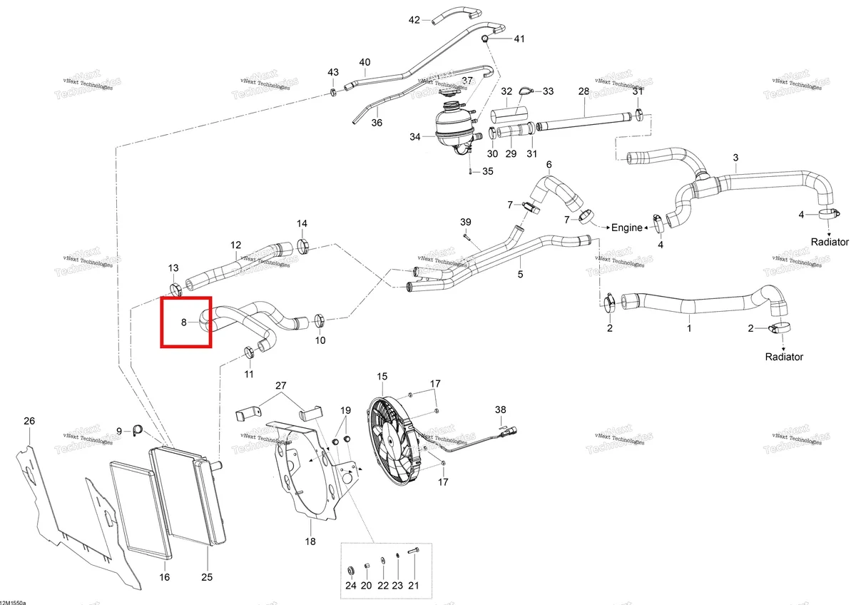 Деталь 509000706 (Деталь Hose, Engine->air Rad) на схеме узла 2015 Ski-Doo SKANDIC WT 600 ACE Cooling System