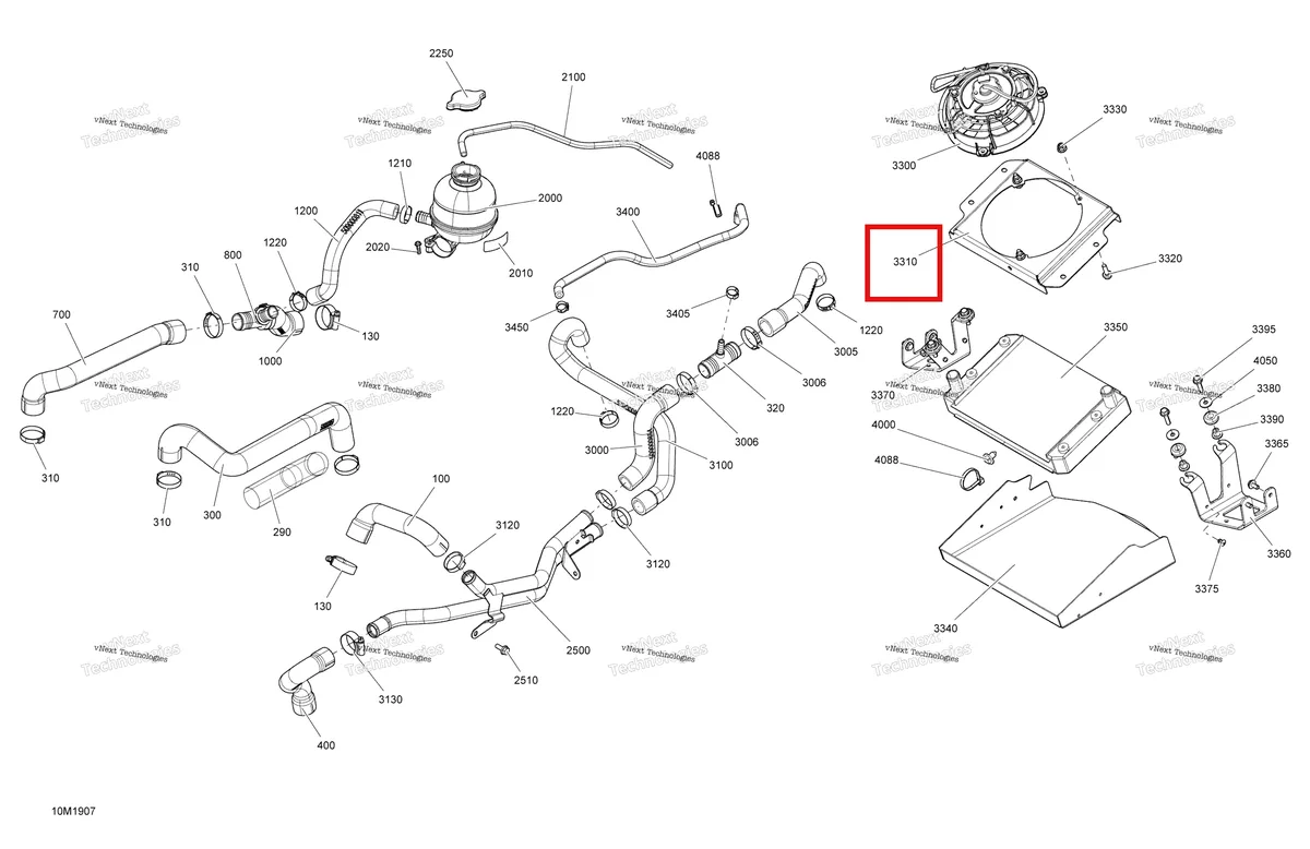 Деталь 509000714 (Крепление вентилятора радиатора) на схеме узла 2019 Ski-Doo GRAND TOURING 600 ACE Cooling - 600 Ace - Europe