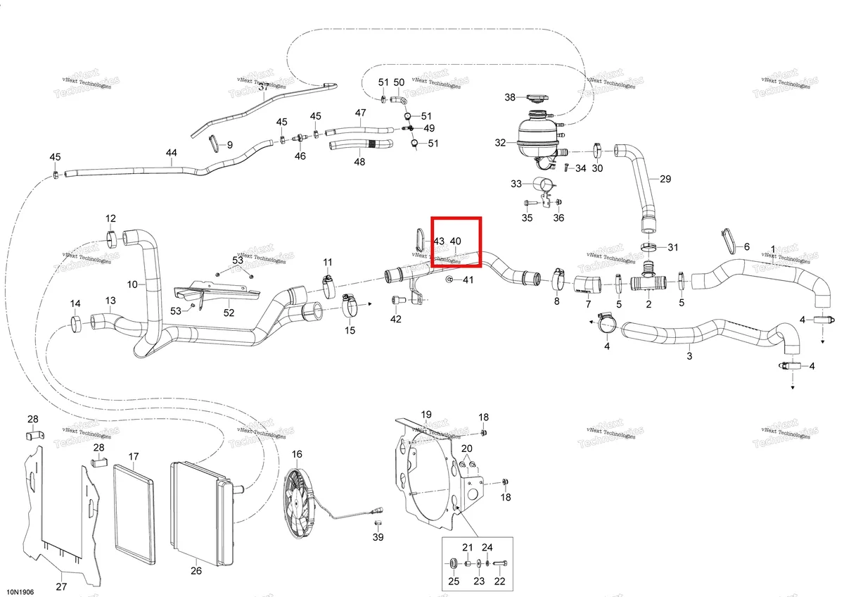 Деталь 509000724 (Деталь Water Pipe Aluminum) на схеме узла 2019 Ski-Doo EXPEDITION LE-SE 1200 4-TEC Cooling - 1200 4-Tec
