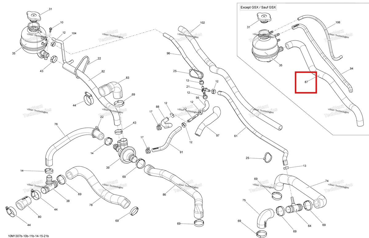 Деталь 509000759 (Шланг) на схеме узла 2013 Ski-Doo RENEGADE ADRENALINE 800RE XP Cooling System 800Retec