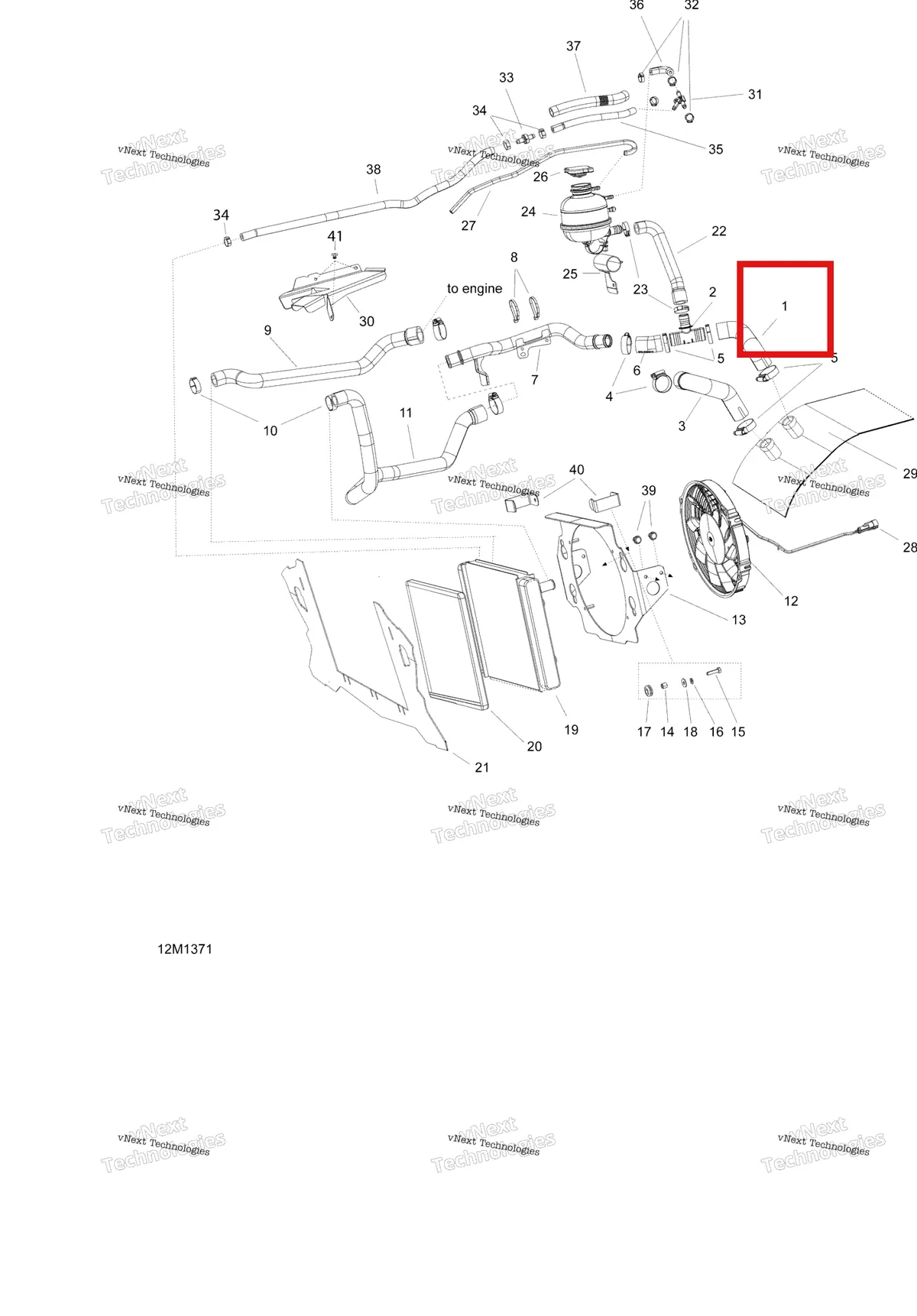 Деталь 509000779 (Деталь Hose, T-fitting->front Radiator) на схеме узла 2013 Ski-Doo EXPEDITION LE 1200 XU Cooling System