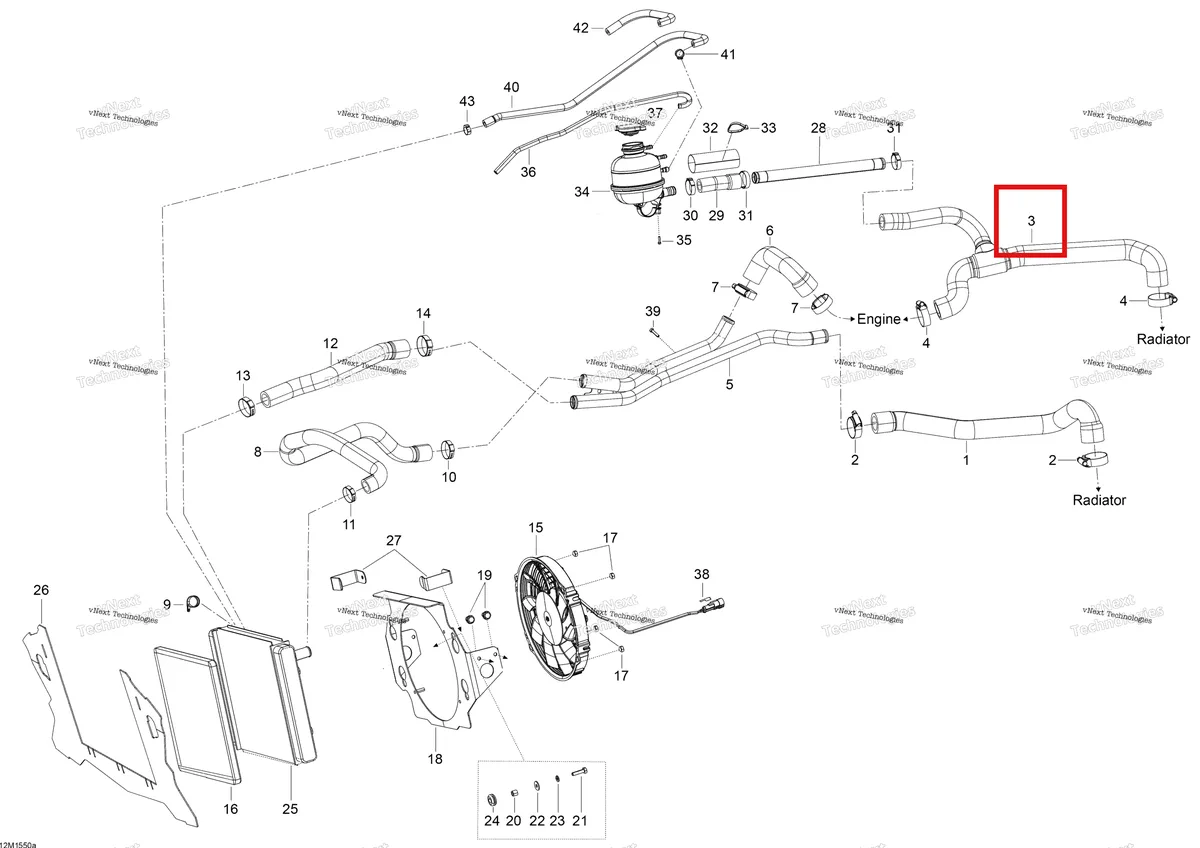 Деталь 509000805 (Деталь Hose, Tunnel Rad. -> Engine Filling) на схеме узла 2015 Ski-Doo SKANDIC WT 600 ACE Cooling System