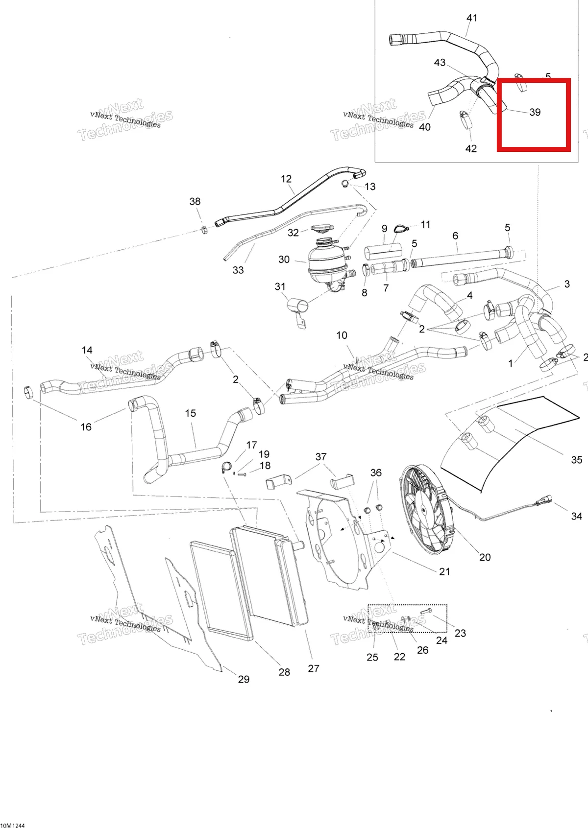 Деталь 509000828 (Деталь Hose - Tunnel Rad - T-fitting) на схеме узла Cooling System