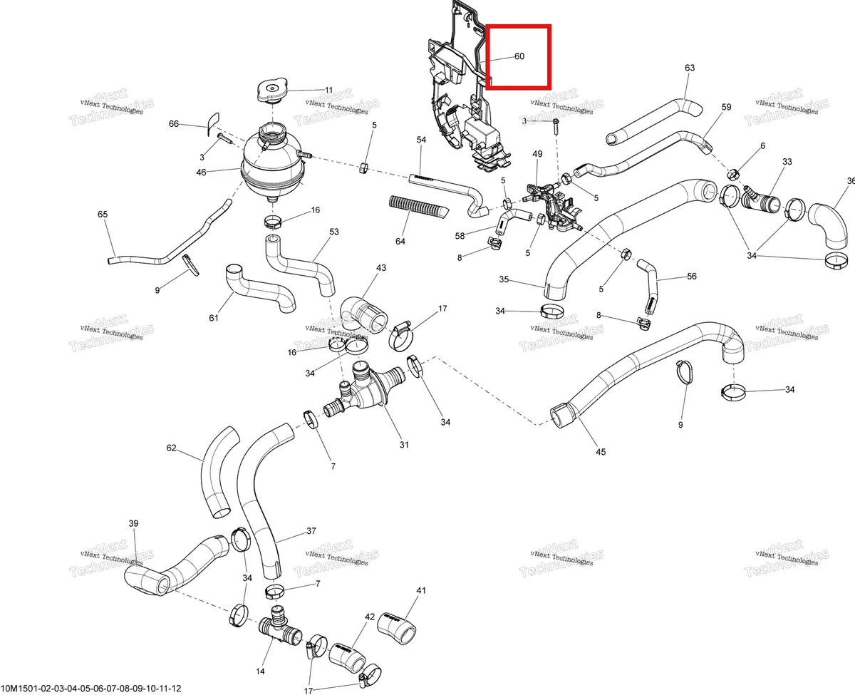 Деталь 509000908 (Кронштейн) на схеме узла 2015 Ski-Doo SUMMIT X 800RETEC XM T3-163 Cooling System 800Retec