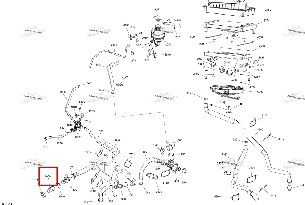 Деталь 509000997 (Деталь Engine Inlet Hose) на схеме узла 2019 Ski-Doo EXPEDITION XTREME 800R E-TEC Cooling - 800R E-Tec