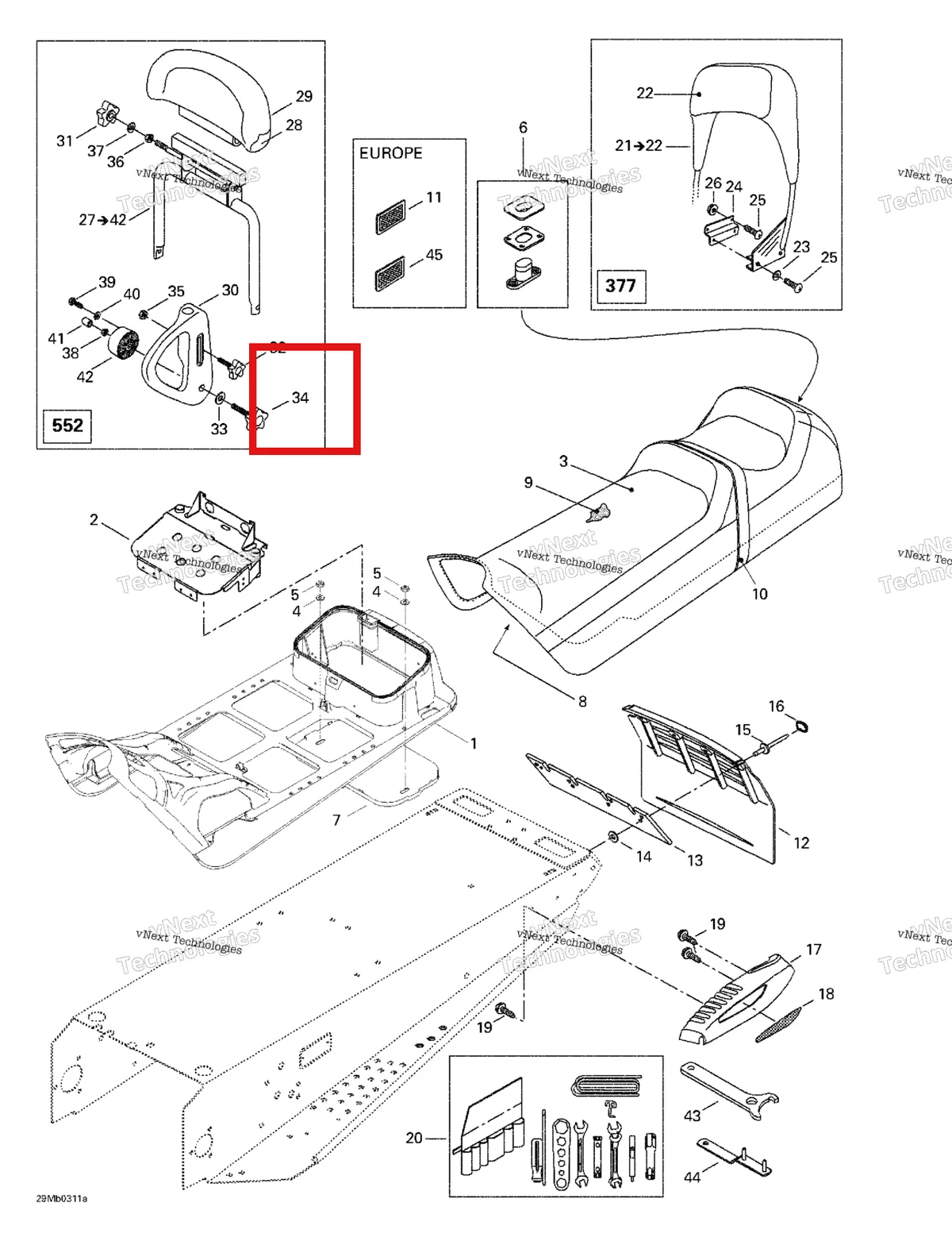 Деталь 510003534 (Деталь Male Handle M12x45) на схеме узла 2003 Ski-Doo Grand Touring 380 F/550 F Seat And Accessories
