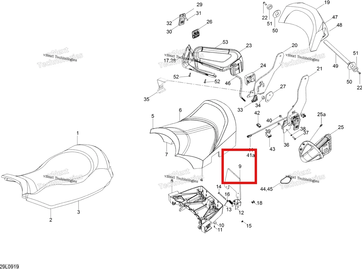 Деталь 510004817 (Пластина) на схеме узла 2009 Ski-Doo Expedition TUV 600 H.O. SDI REV-XU Seat