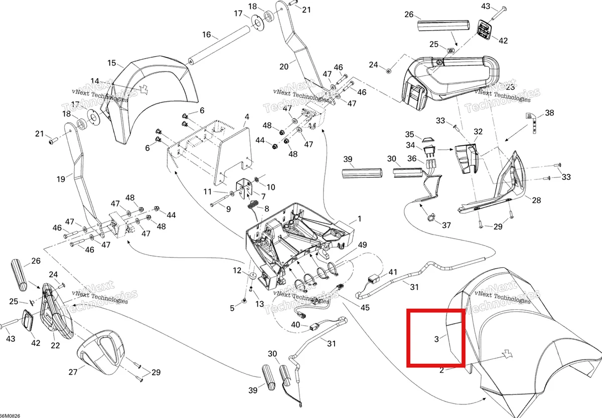 Деталь 510004910 на схеме узла 2008 Ski-Doo GSX LTD TOURING 600 HO SDI Backrest And Handles