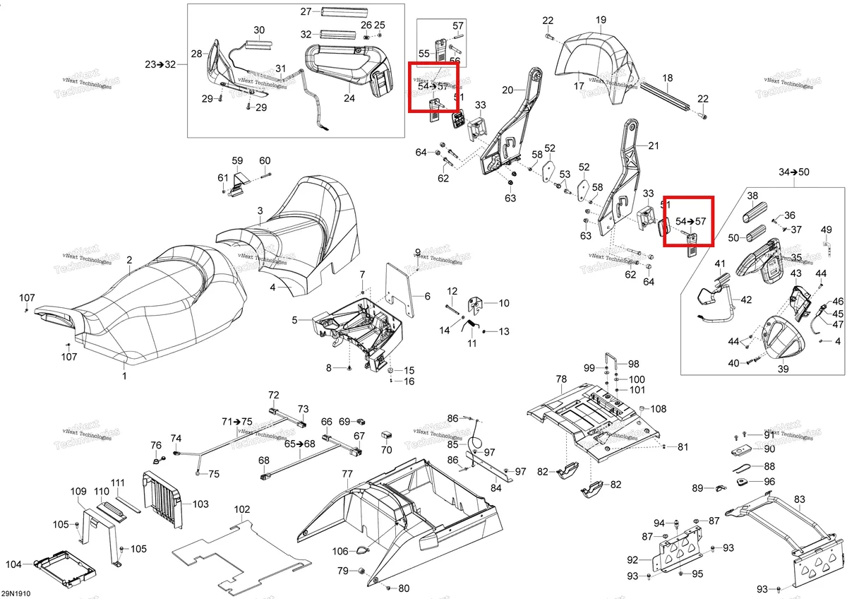 Деталь 510004992 (Деталь Lock Ass'y. Includes 56 To 59) на схеме узла 2019 Ski-Doo EXPEDITION LE-SE 600HO E-TEC Seat - 600Ho E-Tec