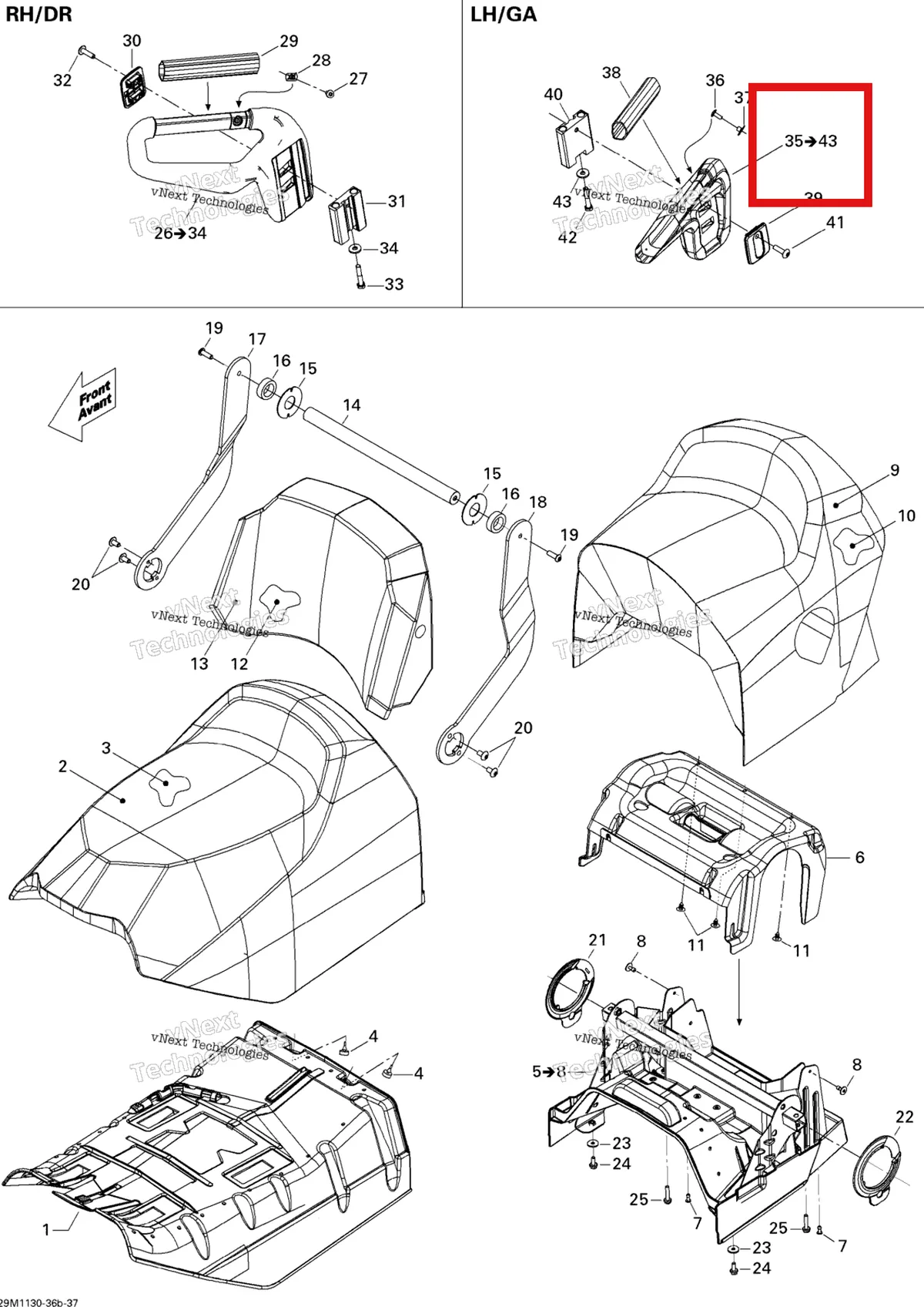 Деталь 510005071 (Деталь Lh Handle Ass'y. Includes 35 To 43) на схеме узла 2011 Ski-Doo Grand Touring Sport 600ACE Seat Europe