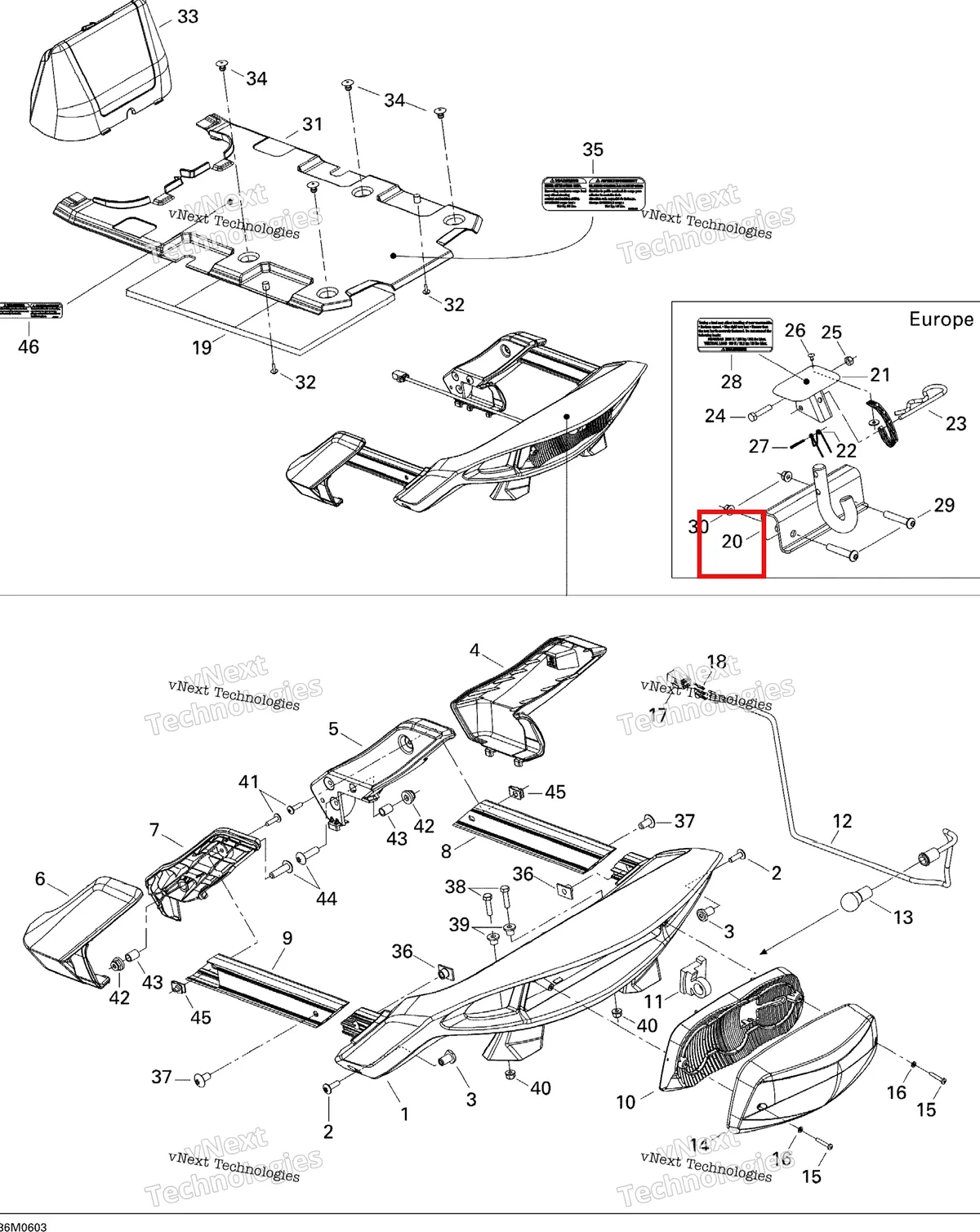 Деталь 511000354 (Деталь Hitch. Includes 21-30) на схеме узла 2006 Ski-Doo GTX 380F Luggage Rack