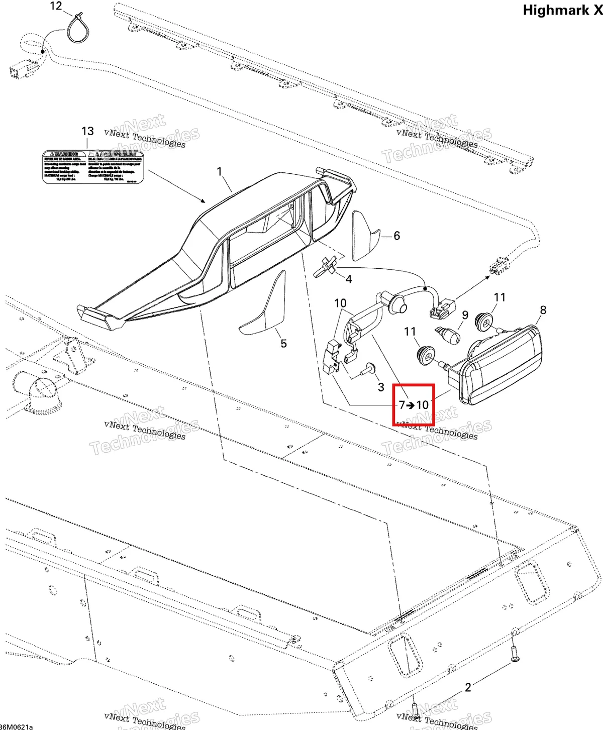 Деталь 511000446 (Деталь Tail Lamp Ass'y. Includes 9 To 12) на схеме узла 2006 Ski-Doo Summit 1000 SDI, Highmark & Highmark X Luggage Rack Hmx