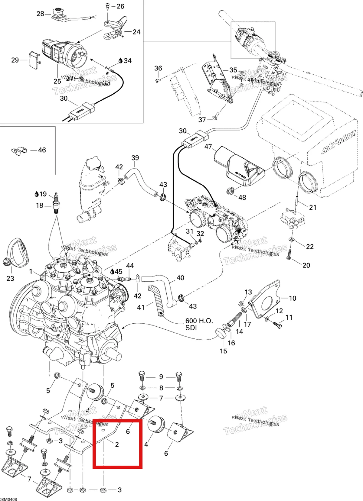 Деталь 512059173 (Деталь Engine Support) на схеме узла 2004 Ski-Doo Legend 600 HO SDI Engine Support
