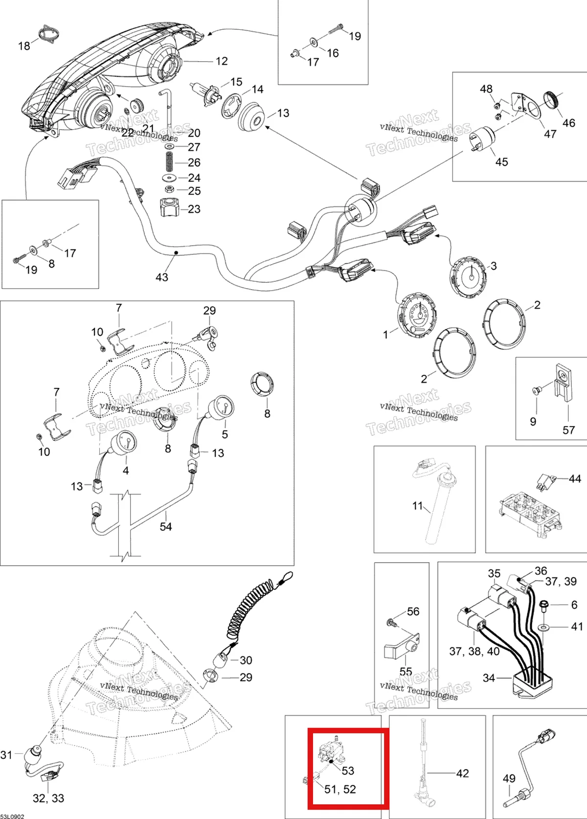 Деталь 512059809 (хомут) на схеме узла 2009 Ski-Doo Expedition TUV 600 H.O. SDI Electrical Accessories