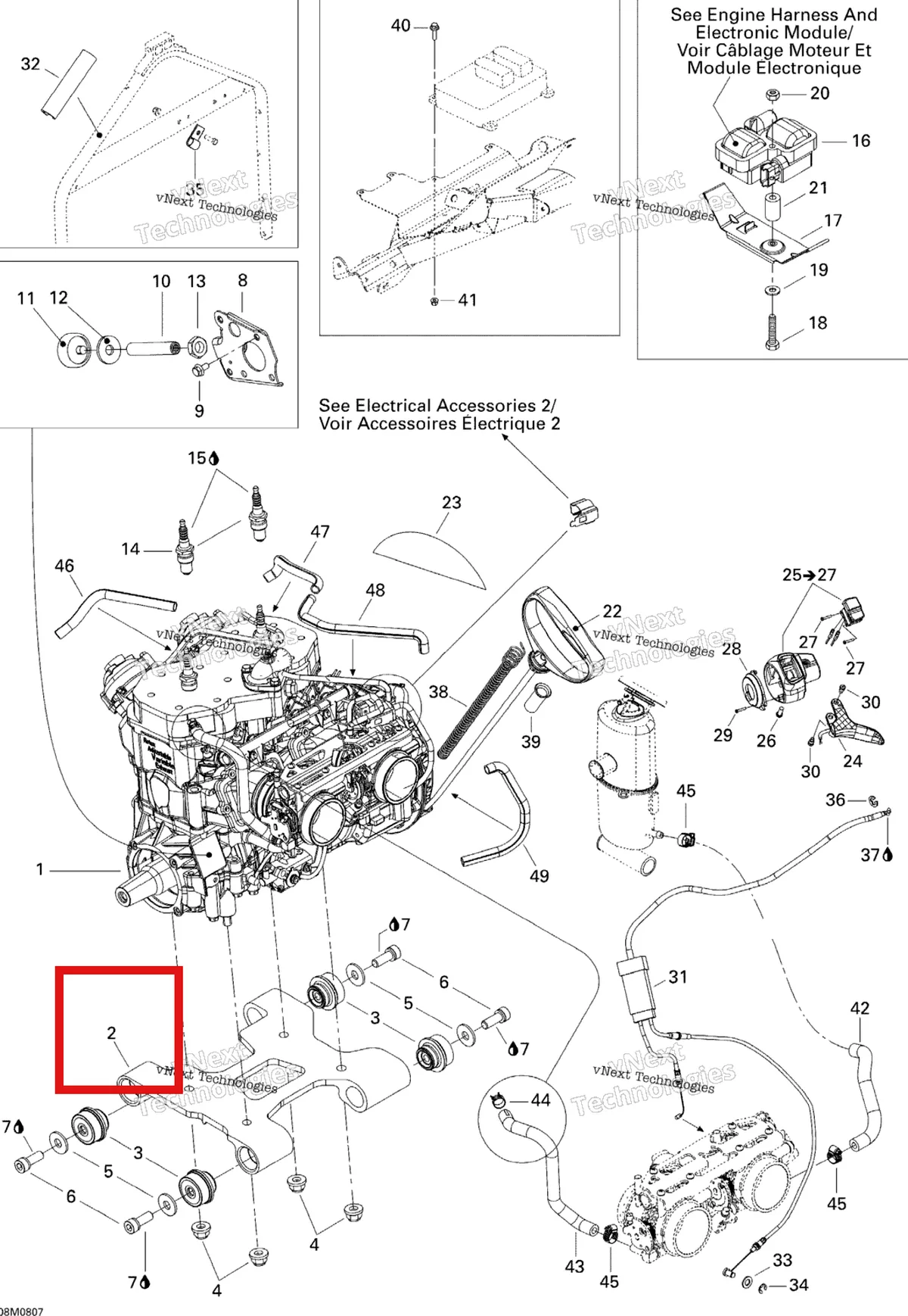 Деталь 512060051 (Деталь Engine Support) на схеме узла 2008 Ski-Doo GTX LTD 600 HO SDI Engine