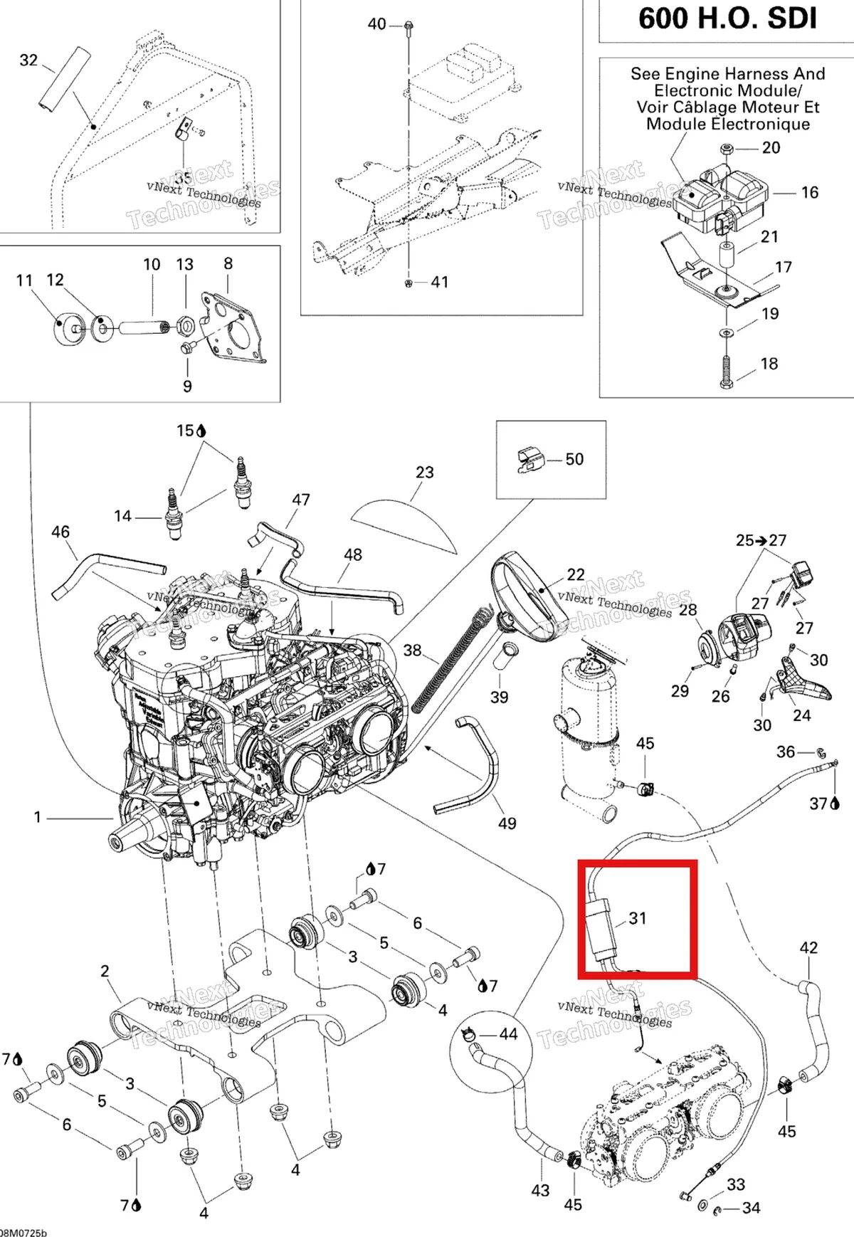 Деталь 512060087 (Трос) на схеме узла 2007 Ski-Doo GSX Sport 600 HO SDI Engine 600Hosdi