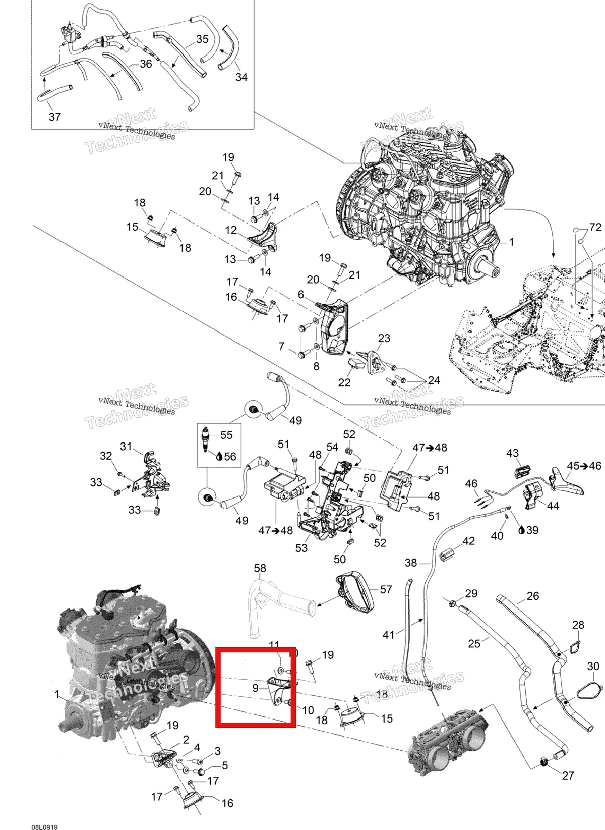 Деталь 512060470 (Деталь Rear Mag Support) на схеме узла 2009 Ski-Doo Expedition TUV 600 H.O. SDI REV-XU Engine And Engine Support
