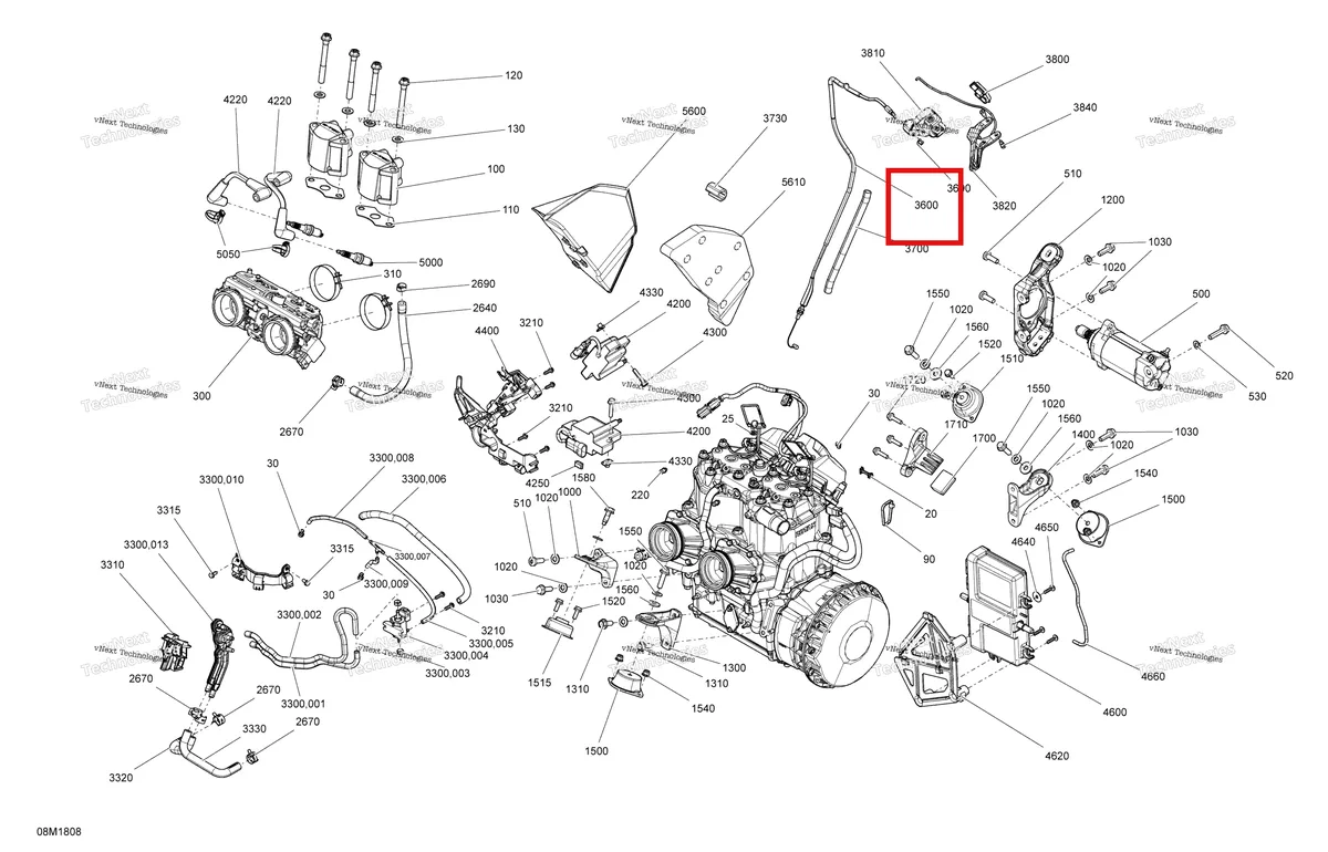 Деталь 512060624 (Трос) на схеме узла 2018 Ski-Doo RENEGADE 800R E-TEC Engine Renegade - 600Ho E-Tec - Package Enduro