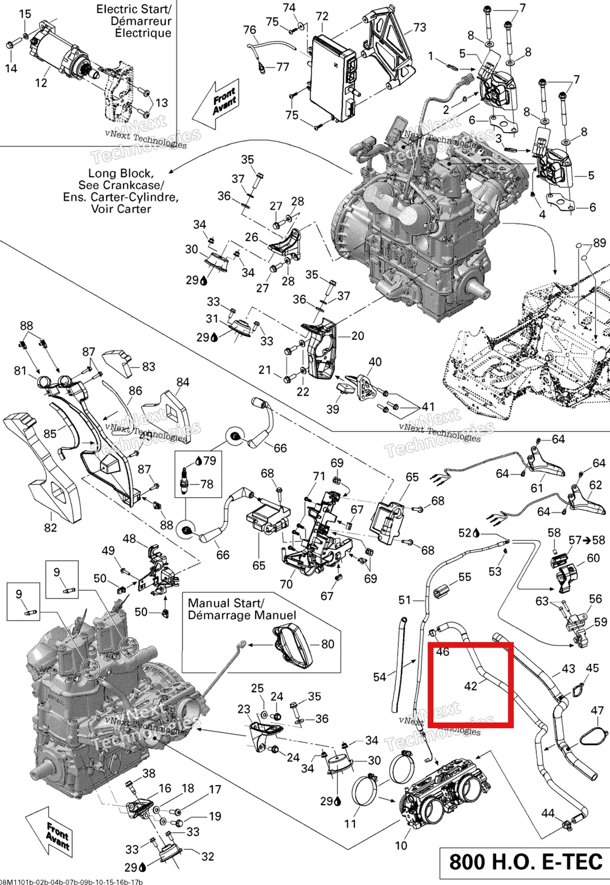 Деталь 512060648 (Деталь Formed Hose, Output) на схеме узла 2011 Ski-Doo Summit FREERIDE 800R E-TEC Engine