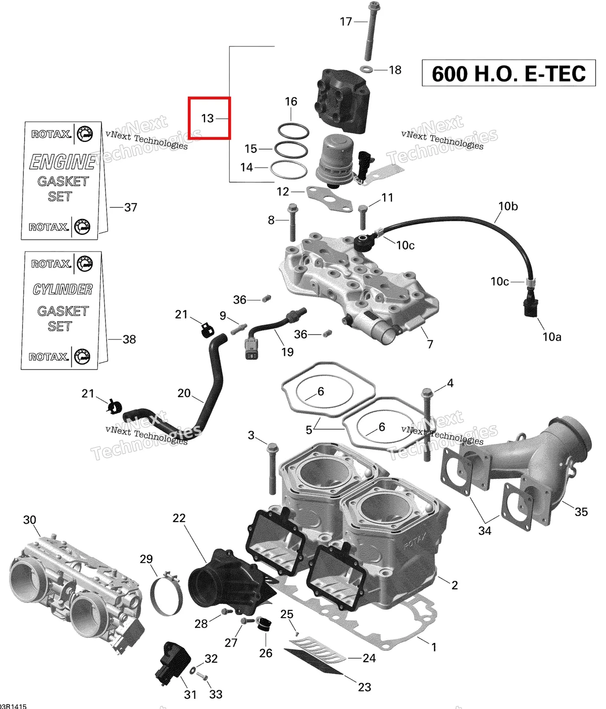 Деталь 512060649 (Деталь Fuel Injector. Includes 13 To 16) на схеме узла 2014 Ski-Doo GRAND TOURING LE 600HOE XR Cylinder And Injection System