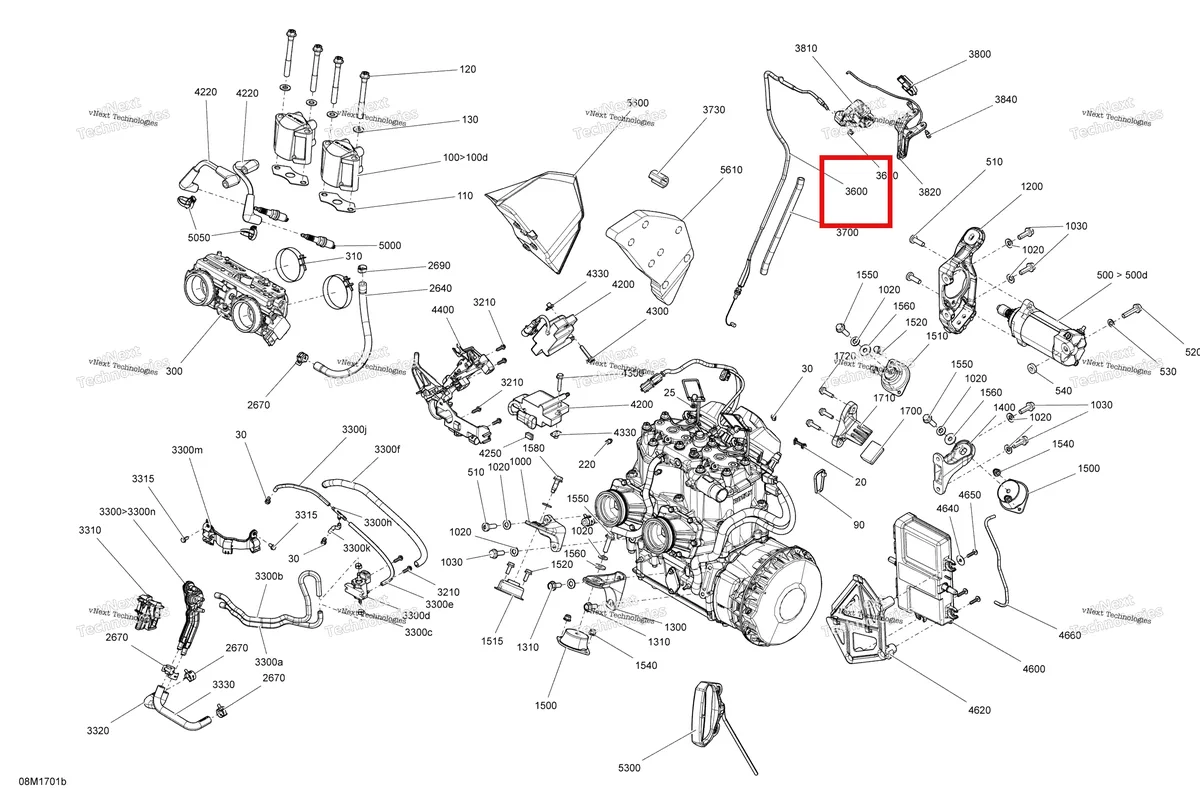 Деталь 512060667 (Трос) на схеме узла 2017 Ski-Doo SUMMIT - 2-STROKE - 800R E-TEC Engine And Engine Support