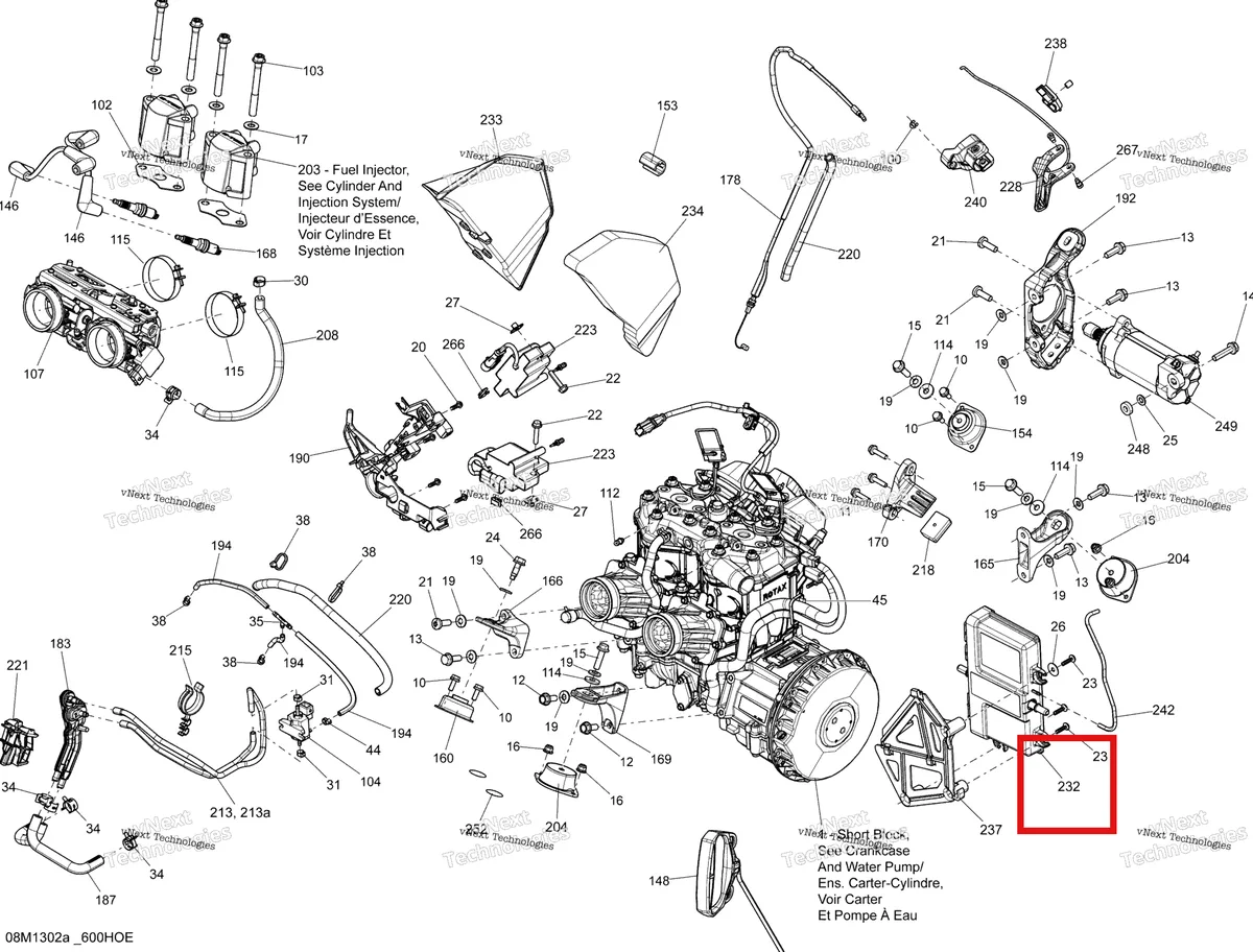 Деталь 512060833 (Деталь Calibrated Module Etec) на схеме узла 2013 Ski-Doo MXZ X 600HOE Engine And Engine Support 600