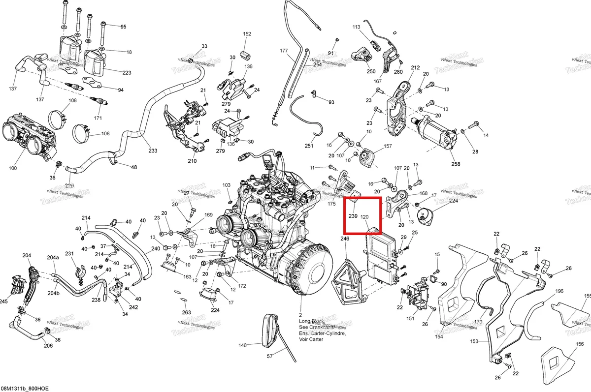 Деталь 512060870 (Деталь Calibrated Module E-tec) на схеме узла 2013 Ski-Doo RENEGADE BACK COUNTRY 800RE XP Engine And Engine Support 800