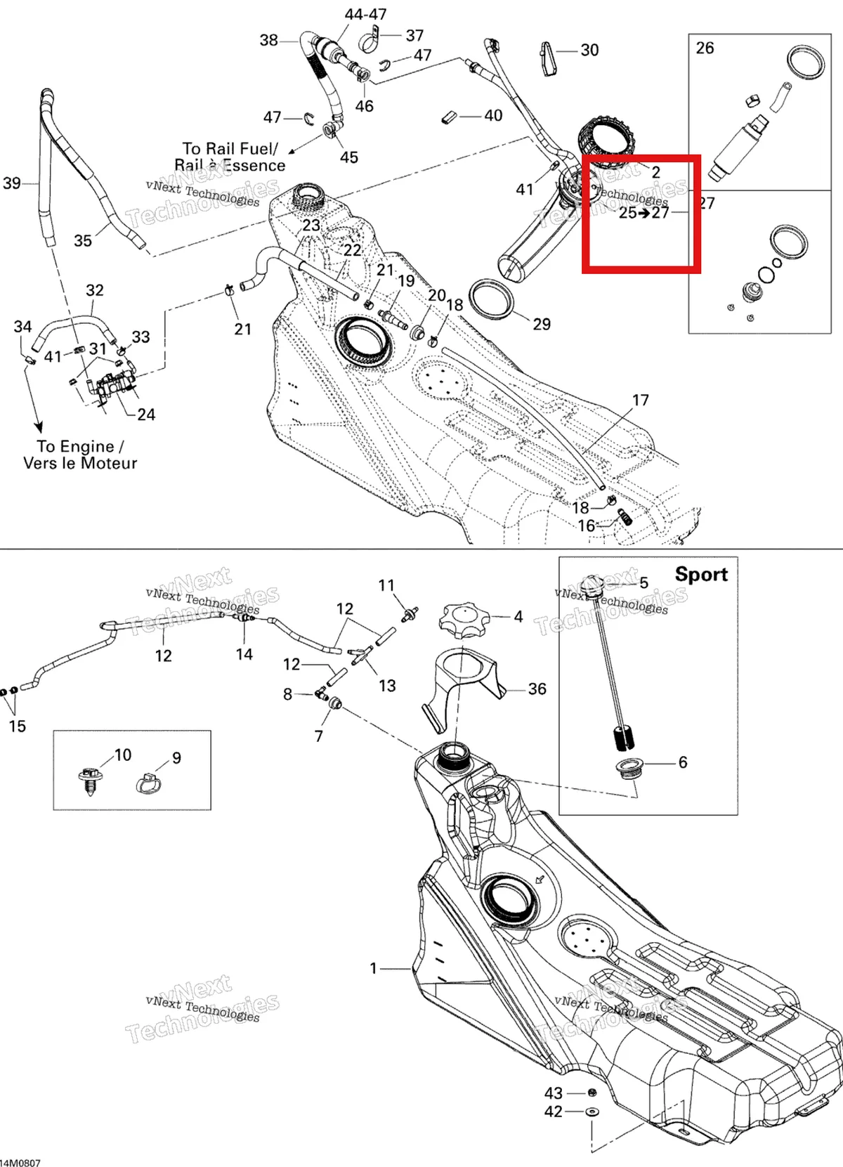 Деталь 513033120 (Деталь Fuel Pump Module. Includes 17 To 20) на схеме узла 2008 Ski-Doo GTX SPORT 600 HO SDI Fuel System Sport