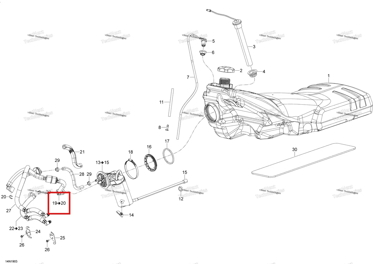 Деталь 513033589 (Деталь Hose Ass'y (incl. Fuel Filter). Includes 19 To 20) на схеме узла 2020 Ski-Doo SKANDIC WT 600HO E-TEC Engine - Fuel