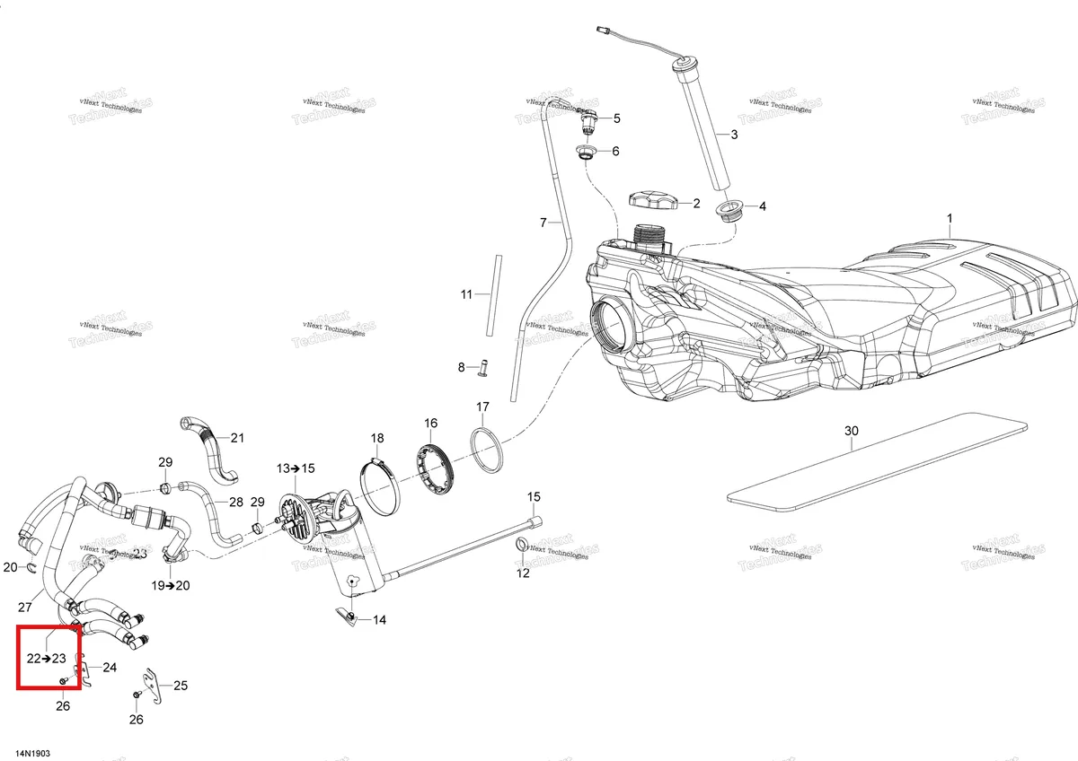 Деталь 513033594 (Деталь Lower Hose Ass'y. Includes 22 To 23) на схеме узла 2020 Ski-Doo SKANDIC WT 600HO E-TEC Engine - Fuel