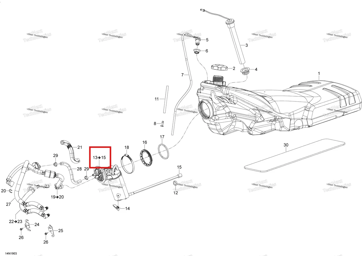 Деталь 513033643 (Деталь Fuel Pump. Includes 13 To 14) на схеме узла 2020 Ski-Doo SKANDIC WT 600HO E-TEC Engine - Fuel
