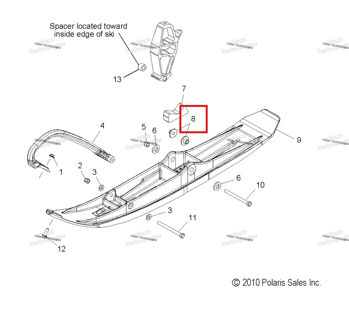 Деталь 5132637 (Металлический втулка 390 ID Polaris Widetrak LX (2006) (5132637)) на схеме узла Steering, Ski Asm