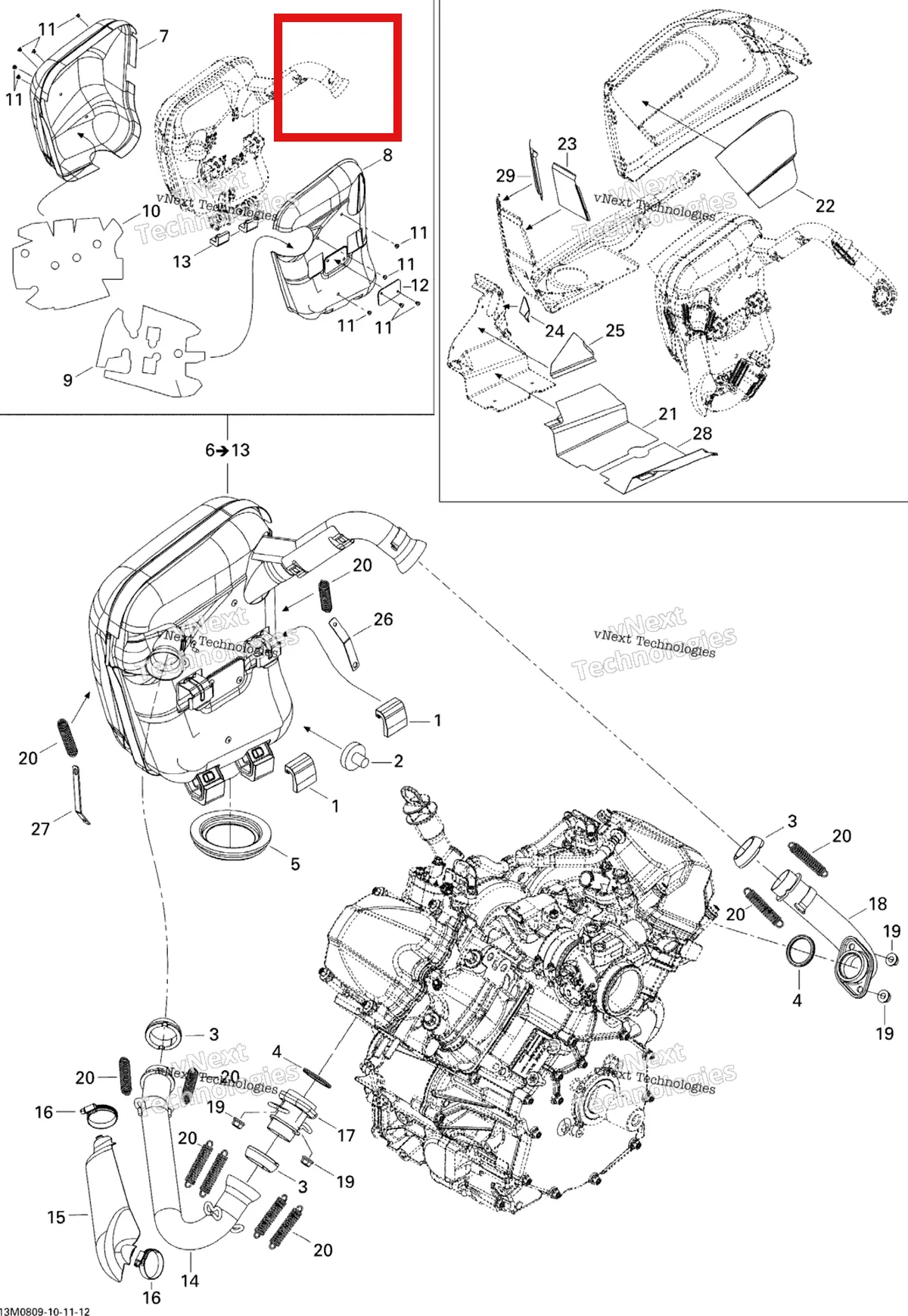 Деталь 514053100 (Резус Тепловой Щит) на схеме узла 2008 Ski-Doo Expedition Sport V-800 Exhaust System