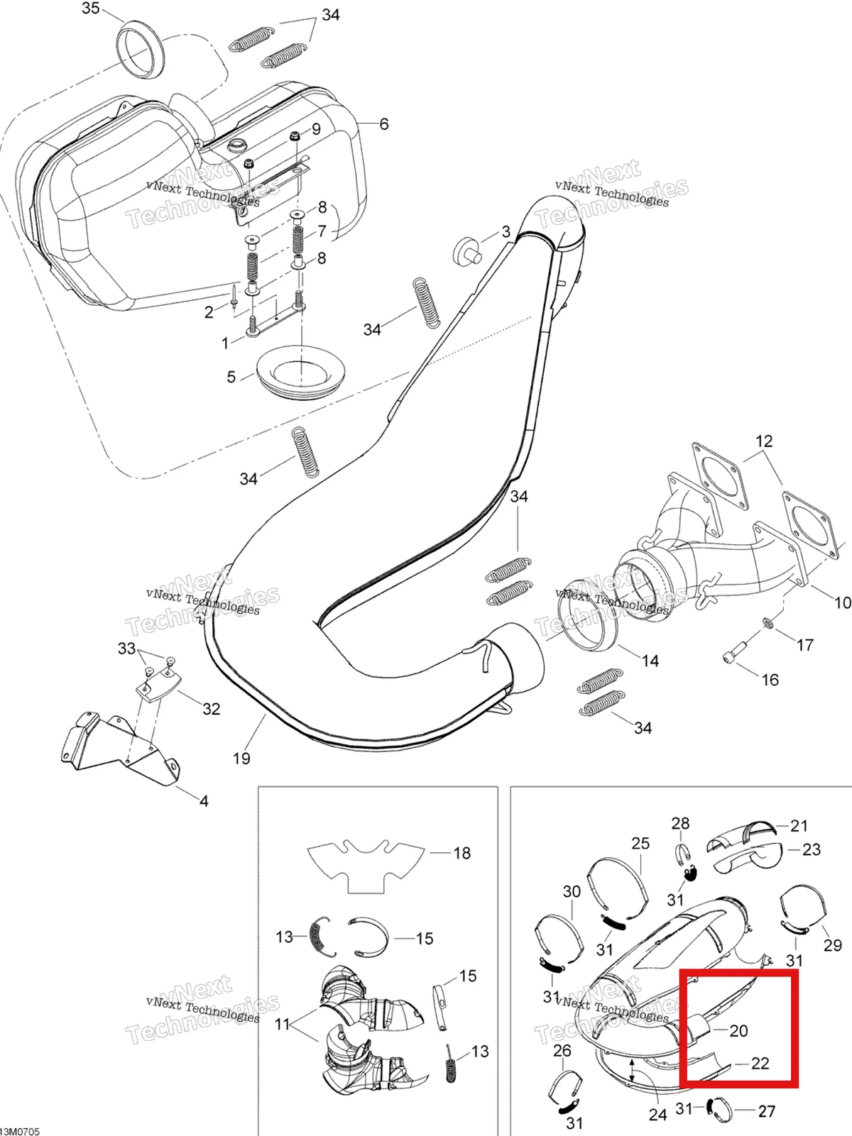 Деталь 514053181 (Деталь Upper Front Half Enveloppe) на схеме узла 2007 Ski-Doo Expedition TUV 600 H.O. SDI Exhaust System
