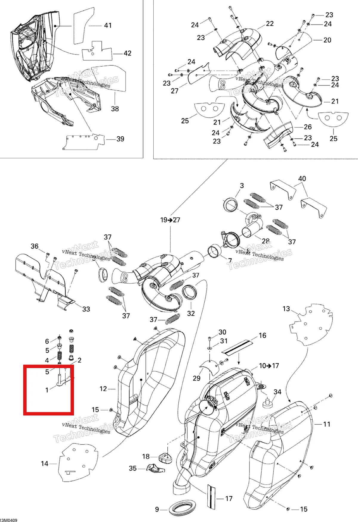Деталь 514053263 (Держатель) на схеме узла 2005 Ski-Doo Legend V-1000 Exhaust System