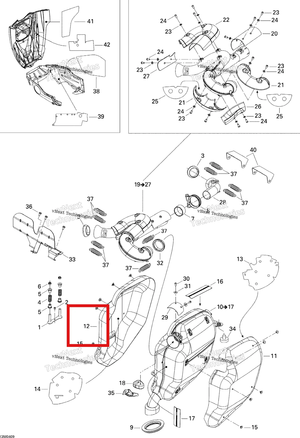 Деталь 514053293 (Деталь L.h. Heat Shield) на схеме узла 2005 Ski-Doo Legend V-1000 Exhaust System
