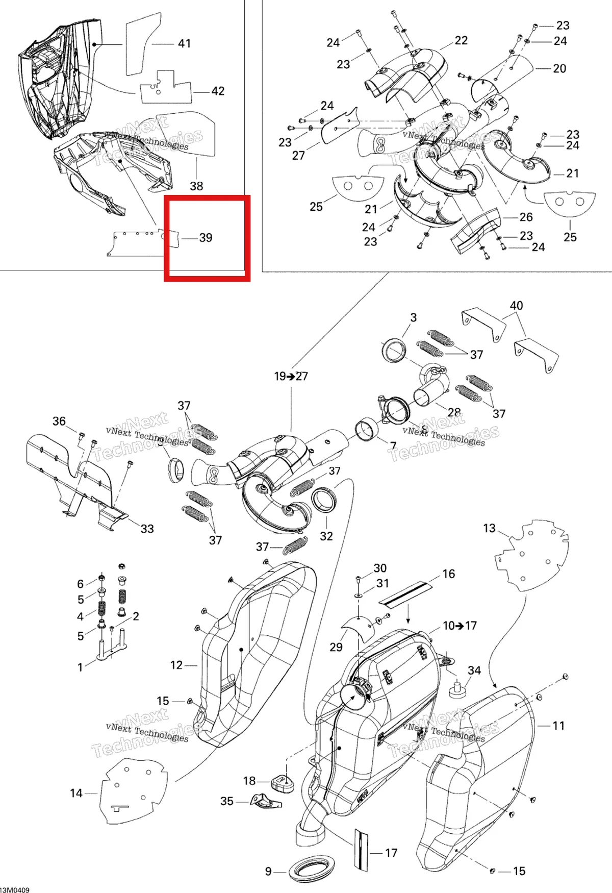 Деталь 514053390 (Светоотражающие Лист) на схеме узла 2005 Ski-Doo Legend V-1000 Exhaust System
