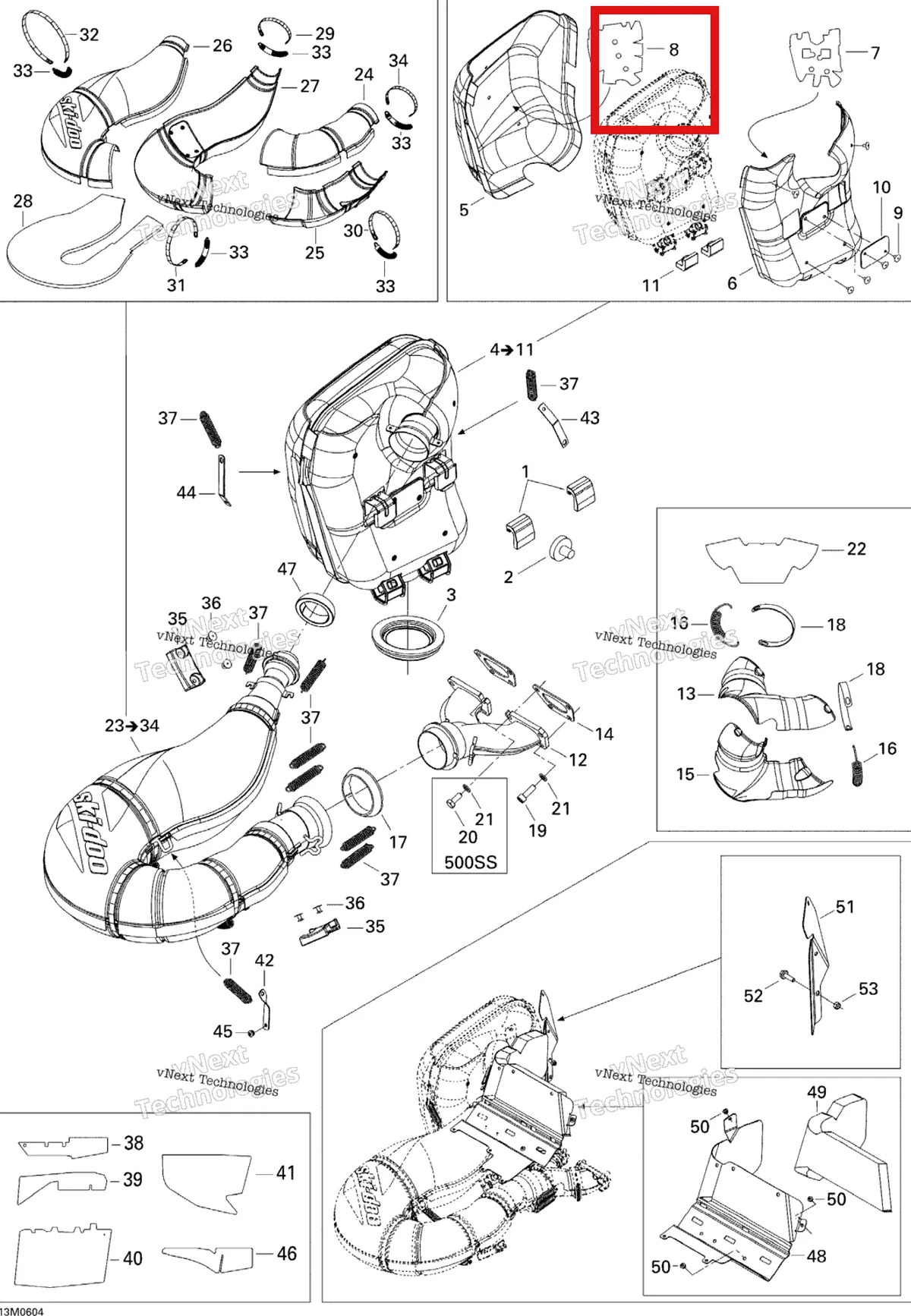 Деталь 514053437 (Крепежный Хомут) на схеме узла 2006 Ski-Doo GTX 800 HO Exhaust System 793