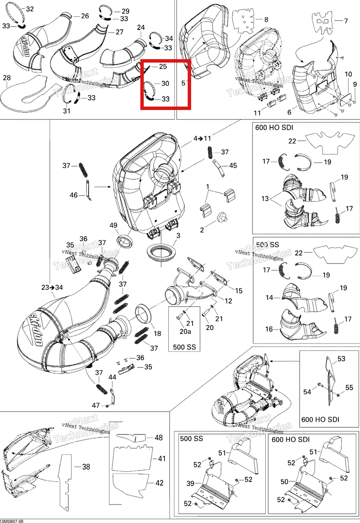 Деталь 514053500 (Норма Шестерни Струбцины) на схеме узла 2008 Ski-Doo GTX LTD 600 HO SDI Exhaust System