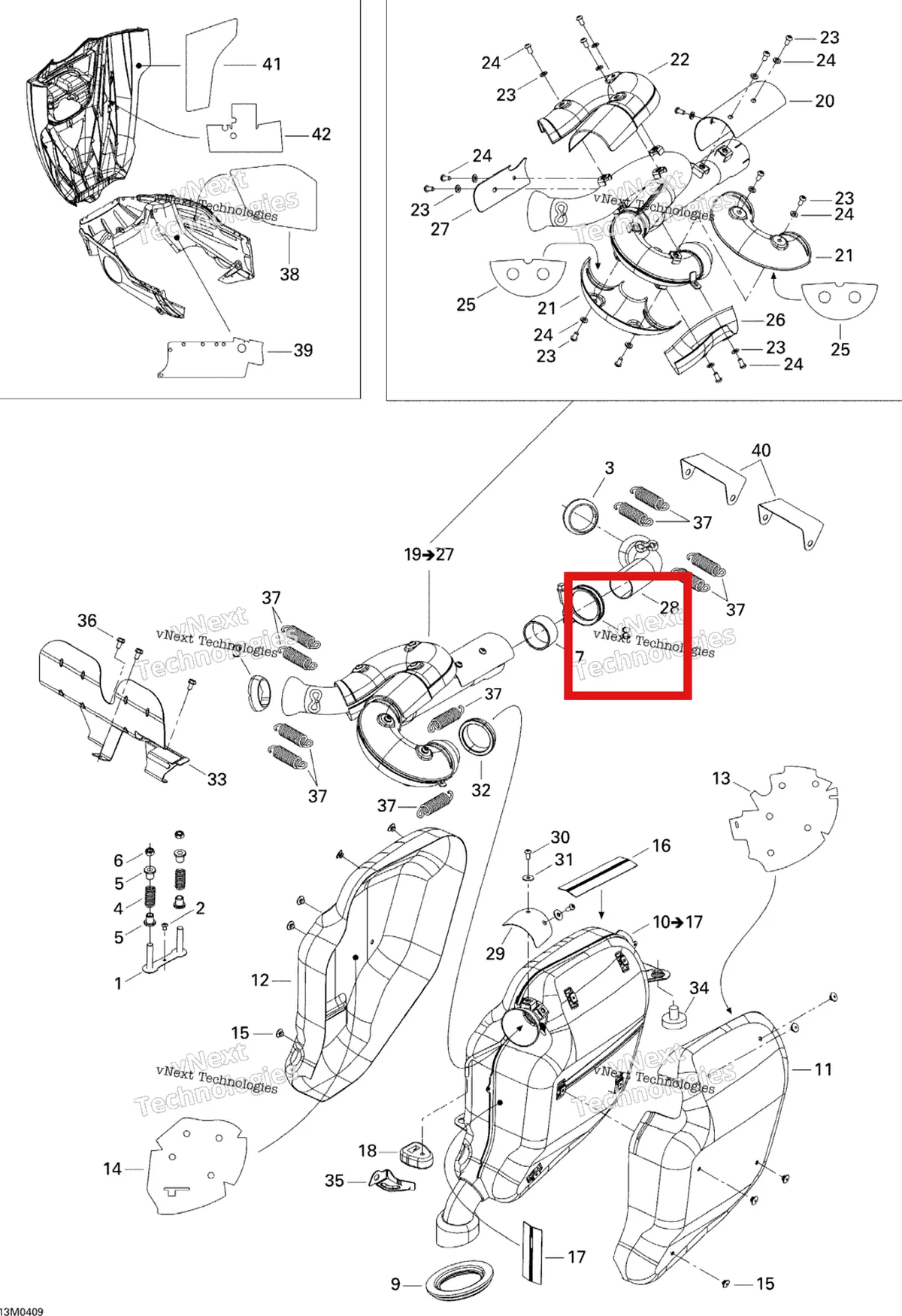 Деталь 514053521 (Зажим) на схеме узла 2005 Ski-Doo Legend V-1000 Exhaust System