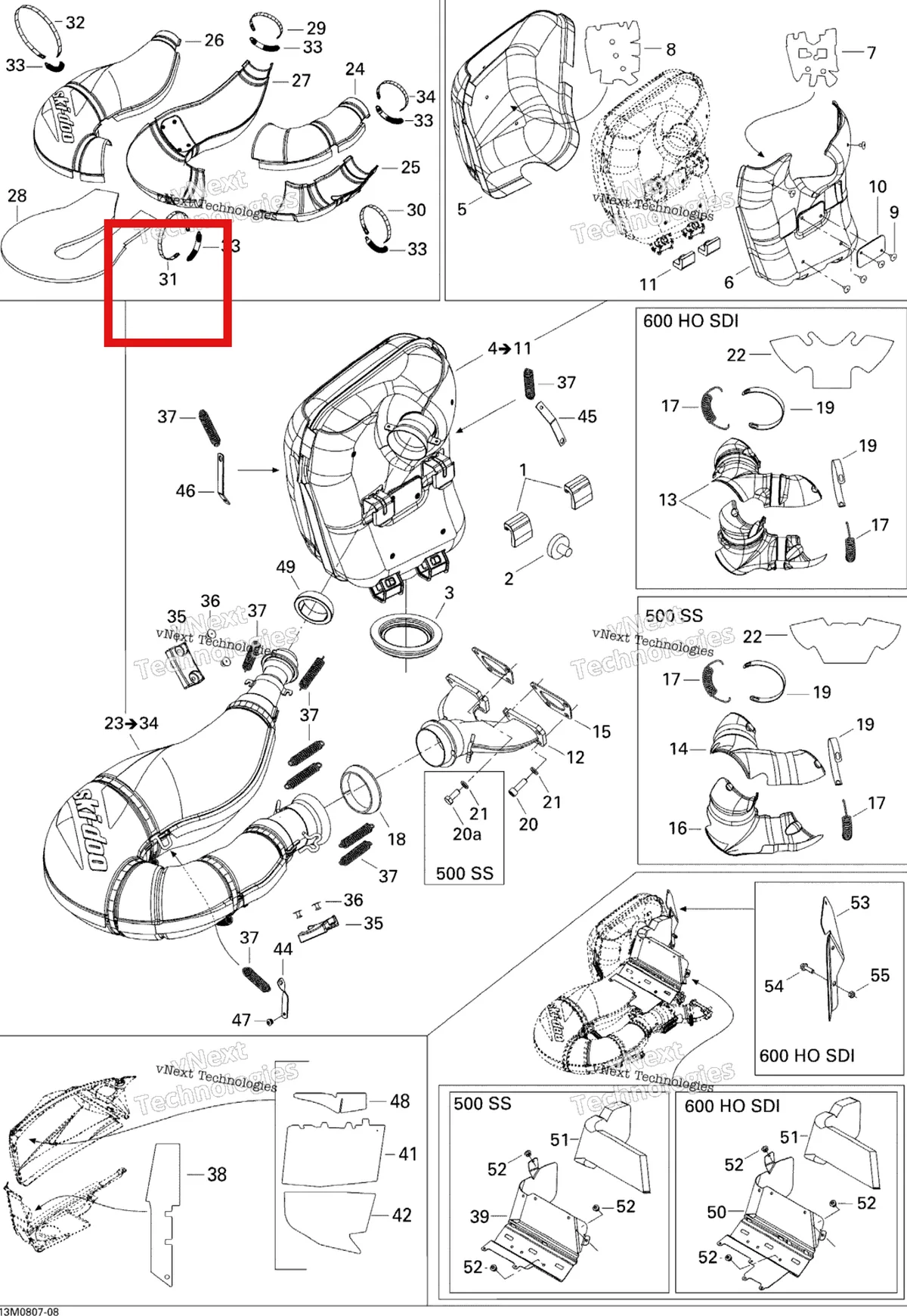 Деталь 514053534 (Крепежный Хомут) на схеме узла 2008 Ski-Doo GTX LTD 600 HO SDI Exhaust System
