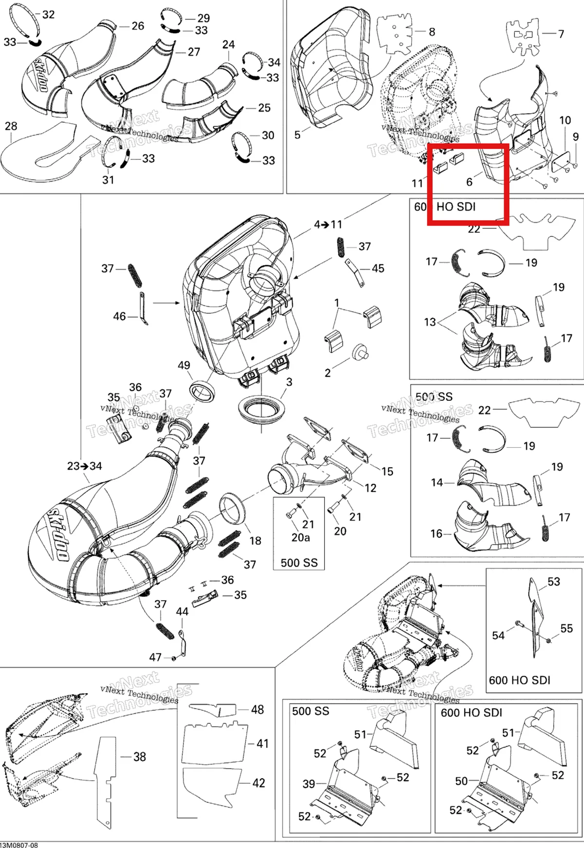 Деталь 514053585 (Деталь L.h. Heat Shield) на схеме узла 2008 Ski-Doo GTX LTD 600 HO SDI Exhaust System