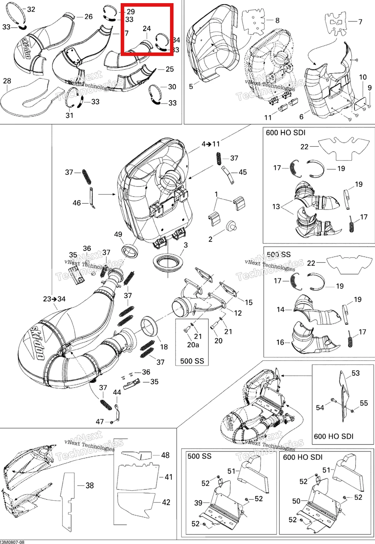 Деталь 514053609 (Деталь Upper Front Half Enveloppe) на схеме узла 2008 Ski-Doo GTX LTD 600 HO SDI Exhaust System