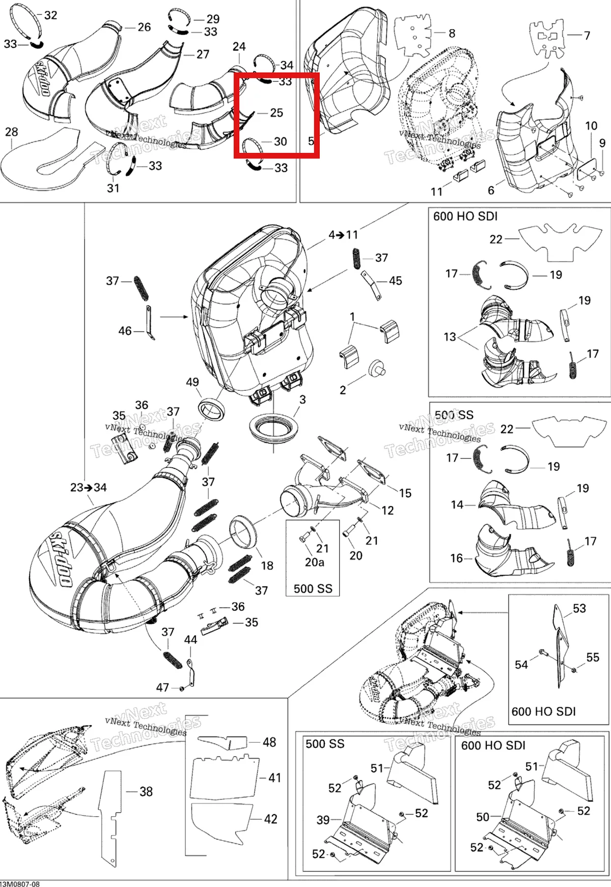 Деталь 514053610 (Деталь Lower Front Half Enveloppe) на схеме узла 2008 Ski-Doo GTX LTD 600 HO SDI Exhaust System