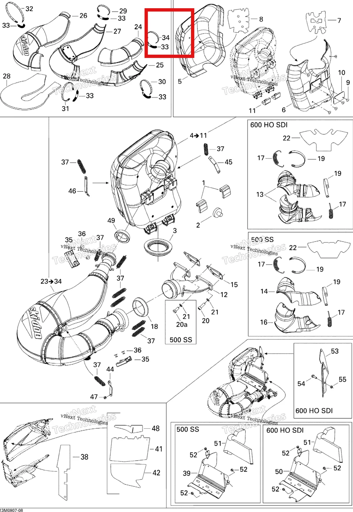 Деталь 514053612 на схеме узла 2008 Ski-Doo GTX SPORT 500SS Exhaust System
