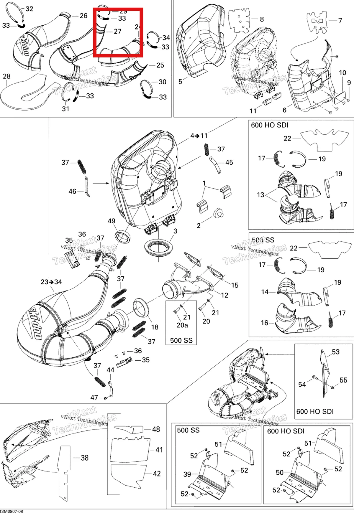 Деталь 514053613 на схеме узла 2008 Ski-Doo GTX LTD 600 HO SDI Exhaust System