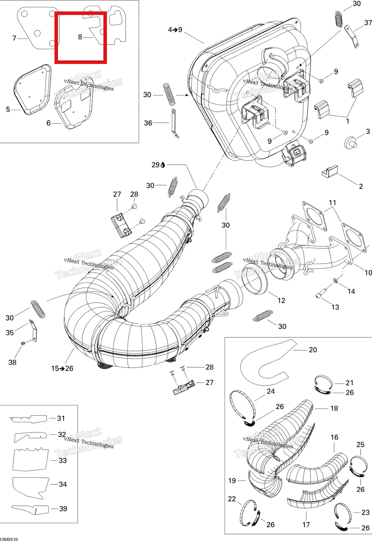 Деталь 514053884 (Деталь L.h. Insulating Wool) на схеме узла 2005 Ski-Doo MX Z X 440 Racing Exhaust System